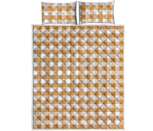 Brown And White Gingham Pattern Print Quilt Bed Set