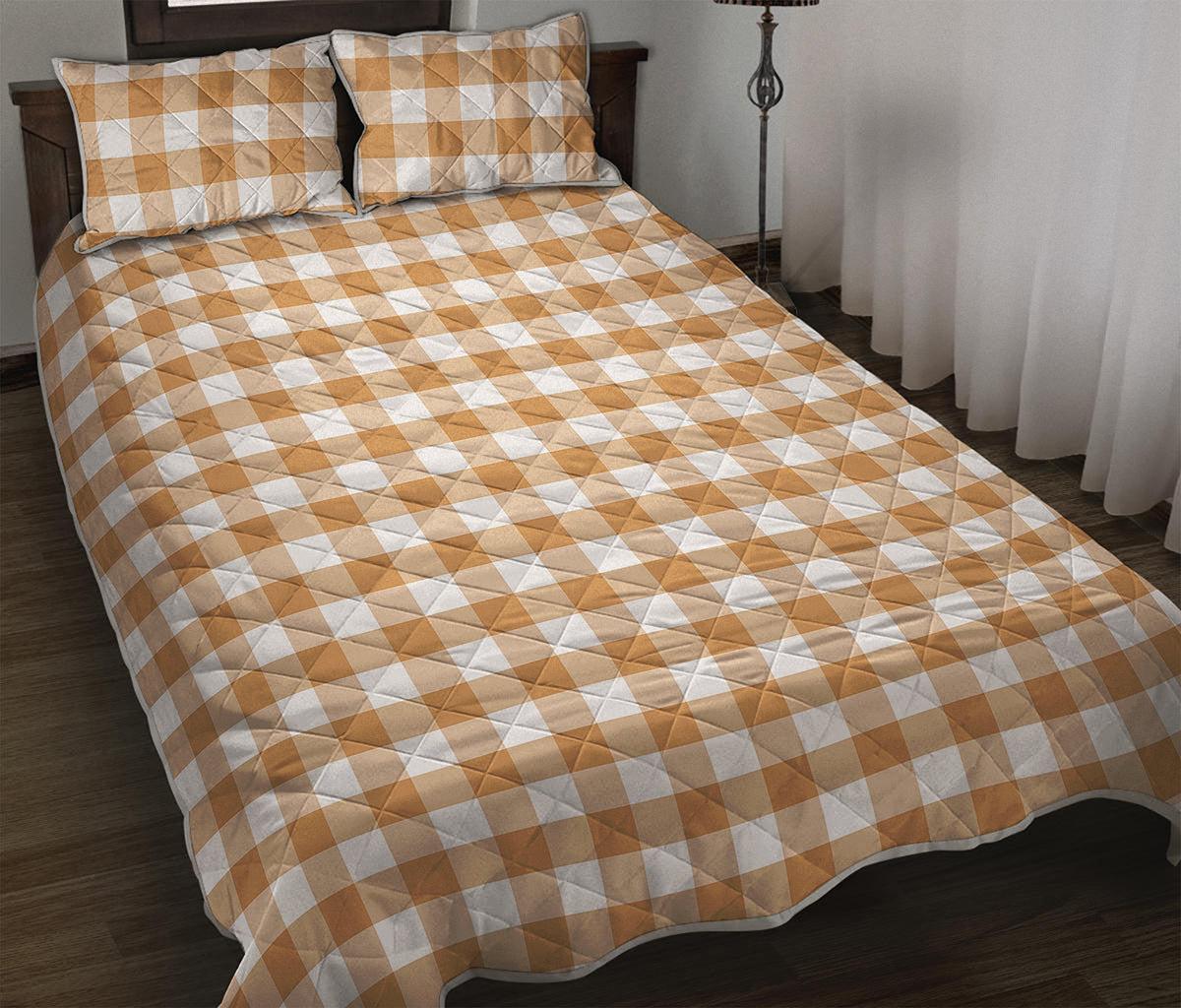 Brown And White Gingham Pattern Print Quilt Bed Set