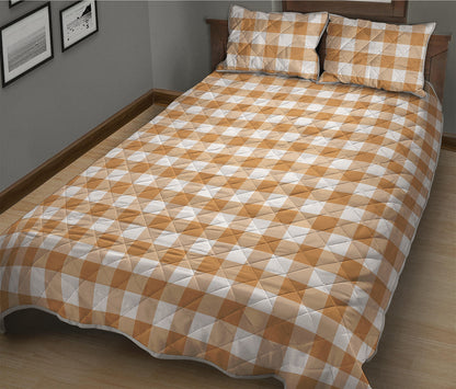 Brown And White Gingham Pattern Print Quilt Bed Set