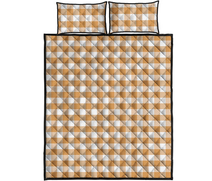 Brown And White Gingham Pattern Print Quilt Bed Set