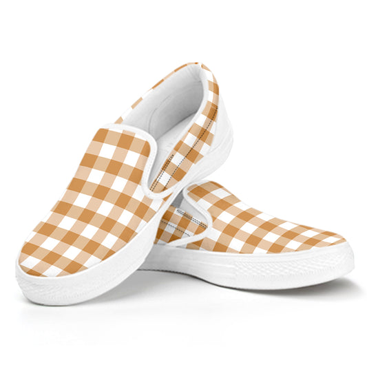 Brown And White Gingham Pattern Print White Slip On Shoes