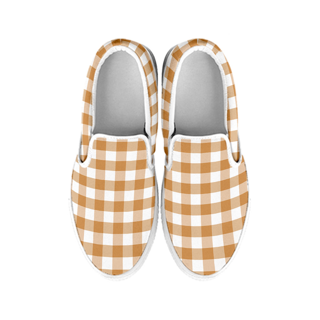 Brown And White Gingham Pattern Print White Slip On Shoes