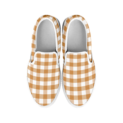 Brown And White Gingham Pattern Print White Slip On Shoes