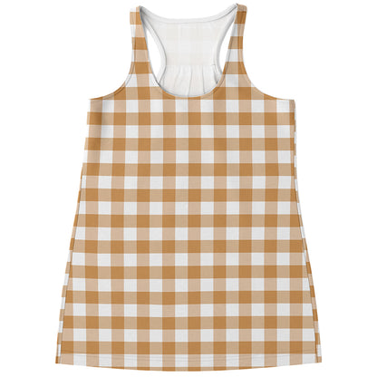 Brown And White Gingham Pattern Print Women's Racerback Tank Top