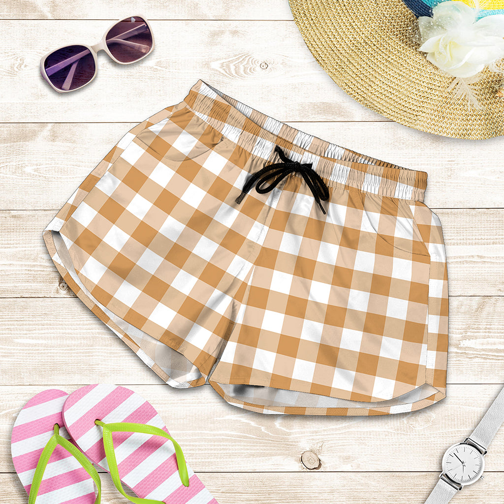 Brown And White Gingham Pattern Print Women's Shorts