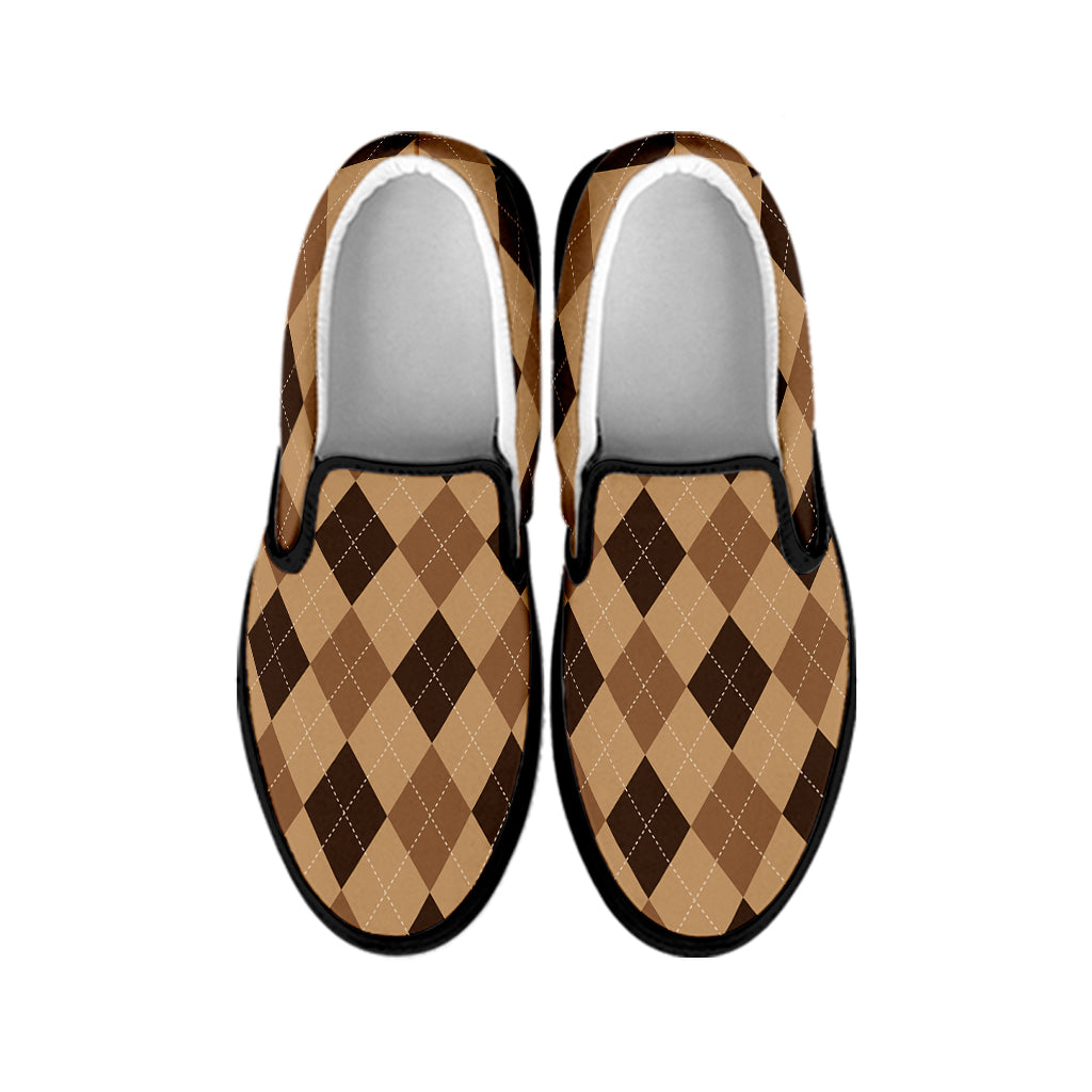 Brown Argyle Pattern Print Black Slip On Shoes