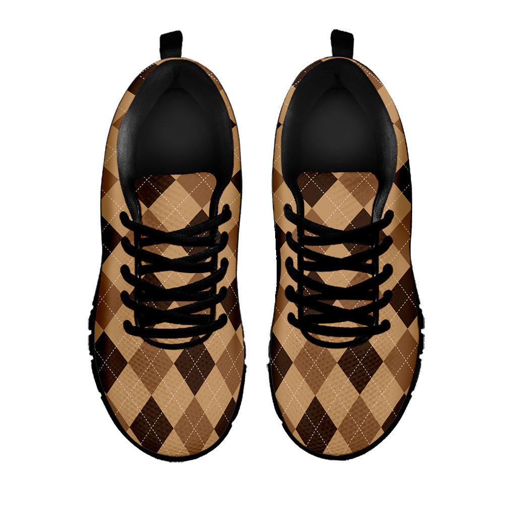 Brown Argyle Pattern Print Black Sneakers