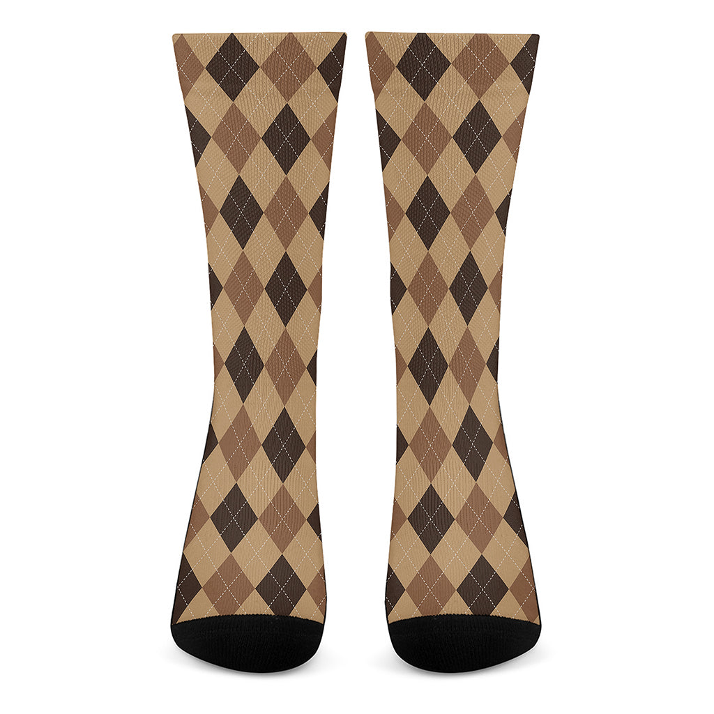 Brown Argyle Pattern Print Crew Socks