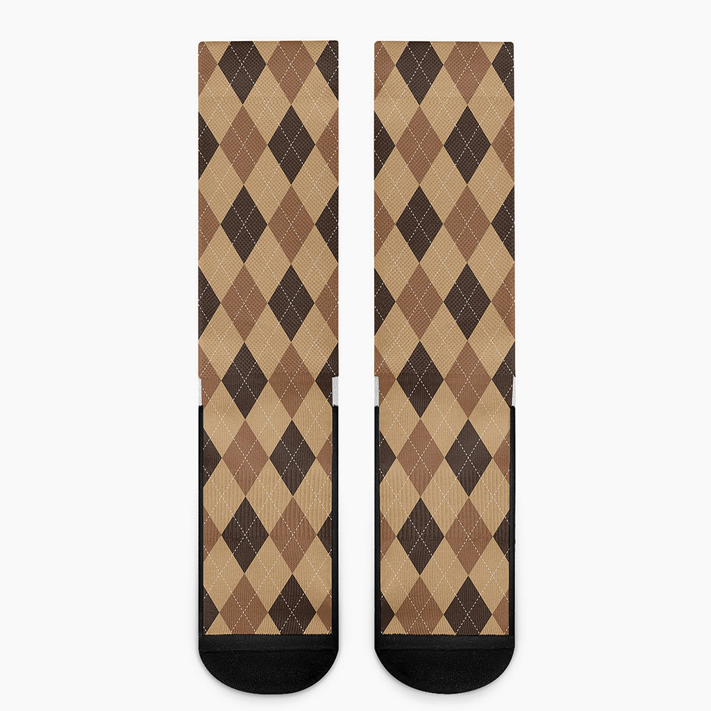 Brown Argyle Pattern Print Crew Socks