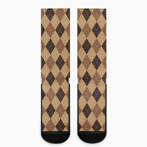 Brown Argyle Pattern Print Crew Socks