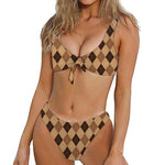 Brown Argyle Pattern Print Front Bow Tie Bikini