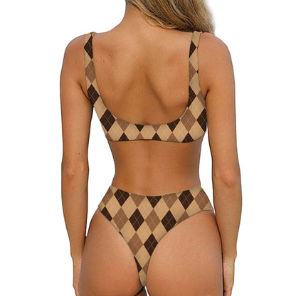 Brown Argyle Pattern Print Front Bow Tie Bikini