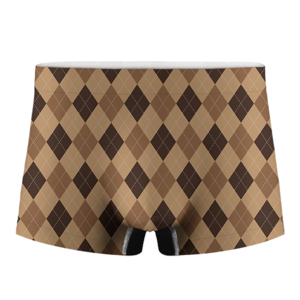 Brown Argyle Pattern Print Men's Boxer Briefs