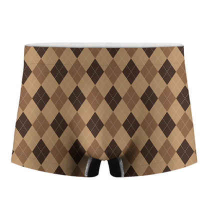 Brown Argyle Pattern Print Men's Boxer Briefs