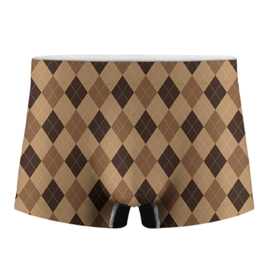 Brown Argyle Pattern Print Men's Boxer Briefs