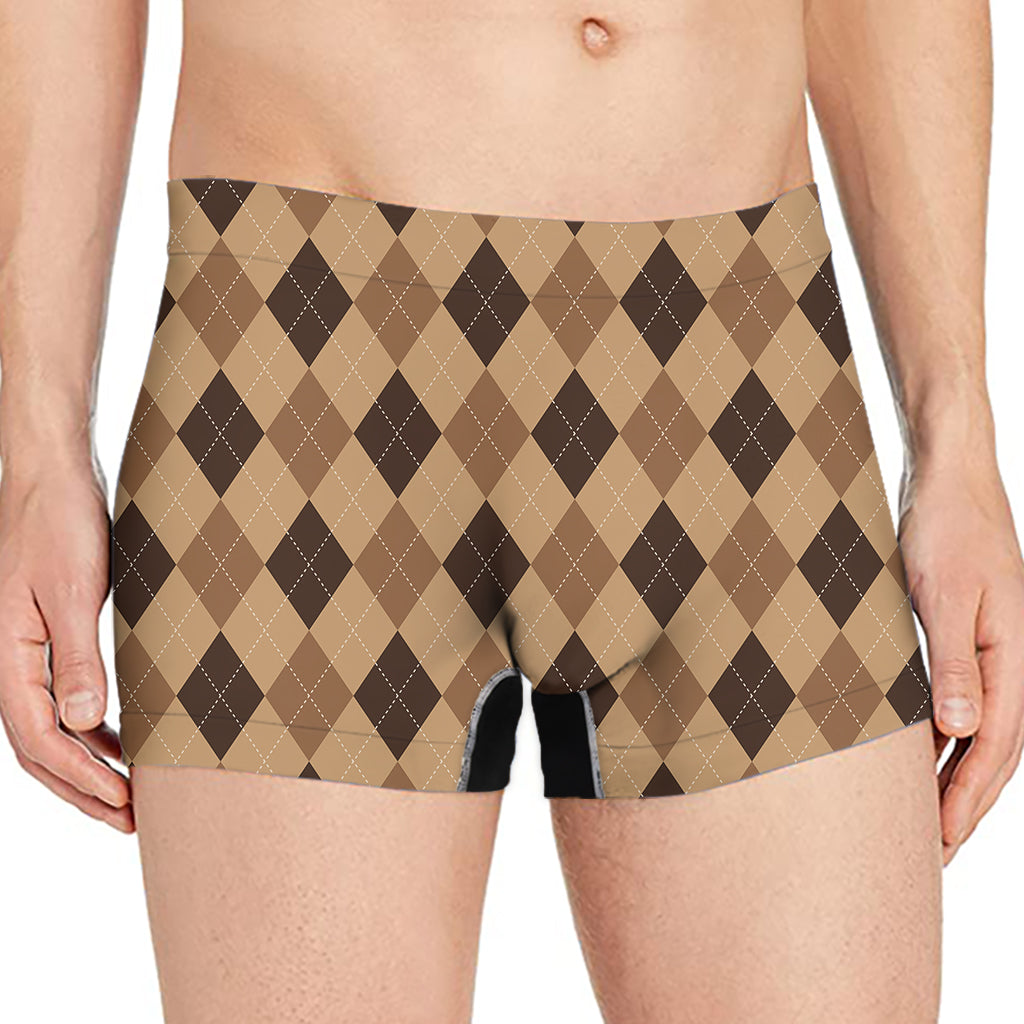 Brown Argyle Pattern Print Men's Boxer Briefs