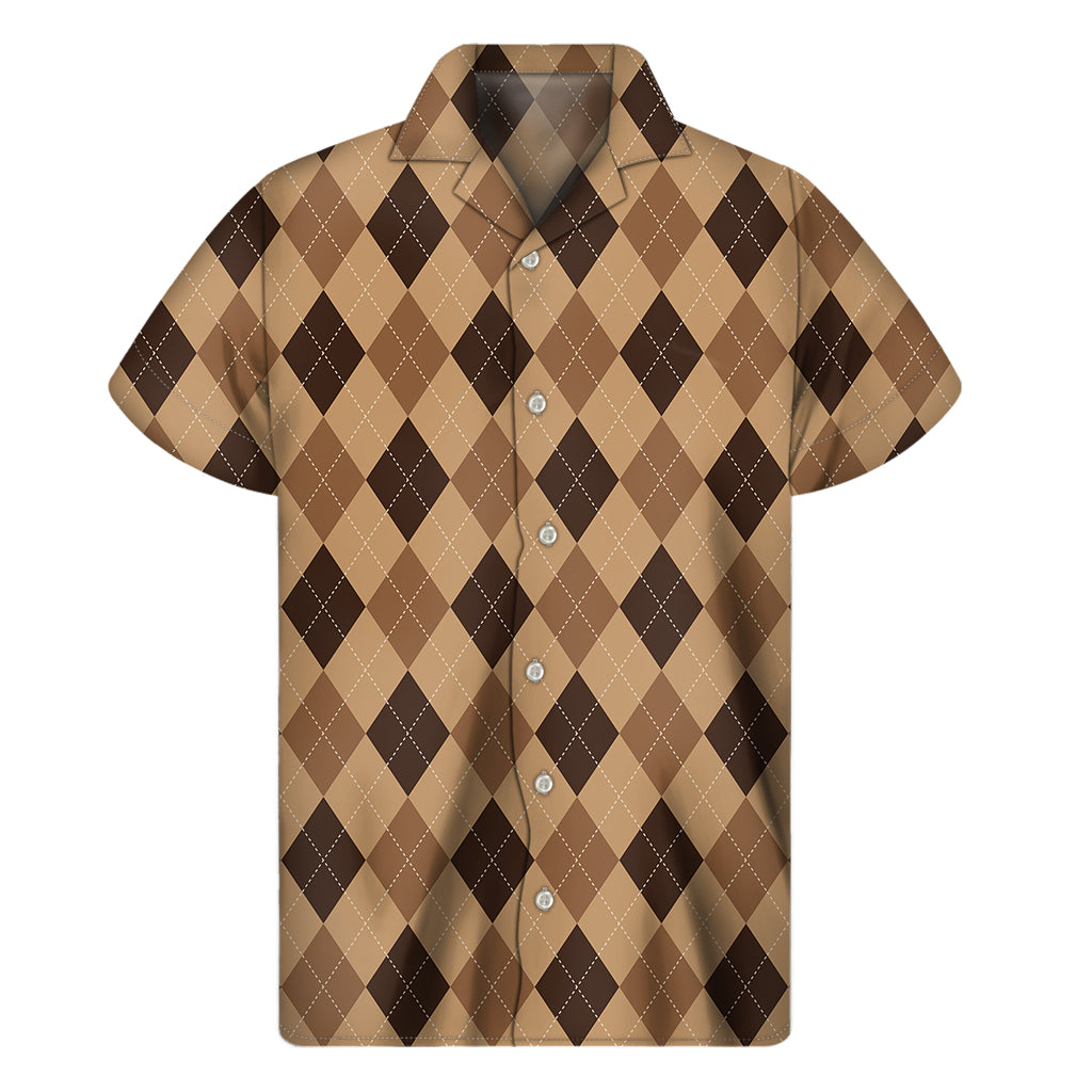 Brown Argyle Pattern Print Men's Short Sleeve Shirt