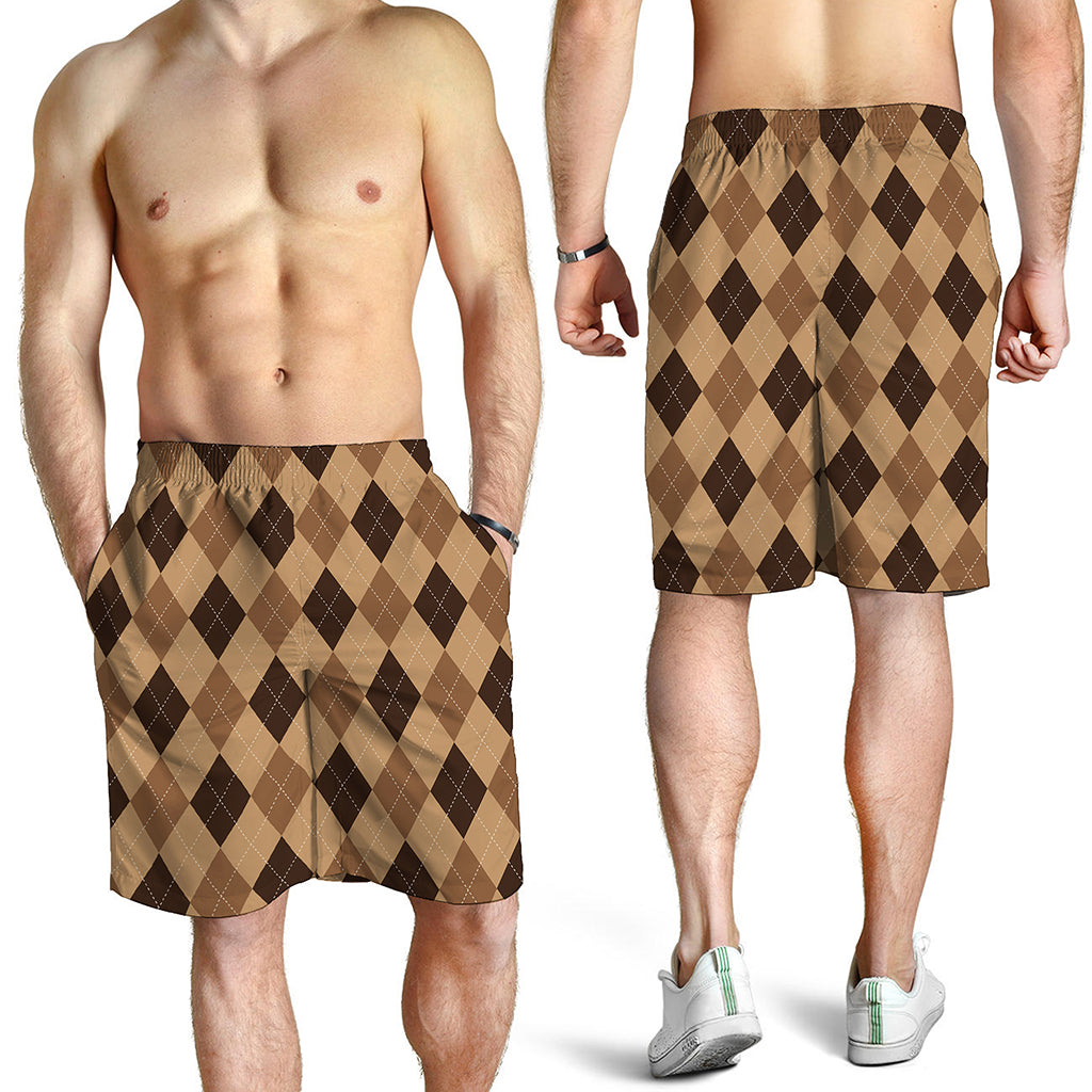 Brown Argyle Pattern Print Men's Shorts