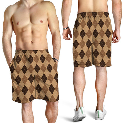 Brown Argyle Pattern Print Men's Shorts