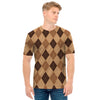 Brown Argyle Pattern Print Men's T-Shirt