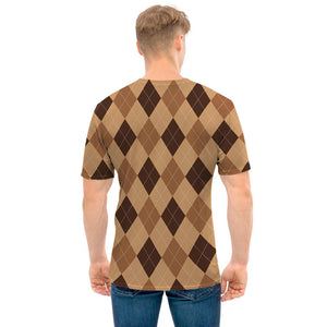 Brown Argyle Pattern Print Men's T-Shirt