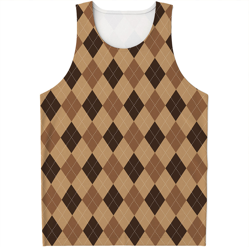 Brown Argyle Pattern Print Men's Tank Top