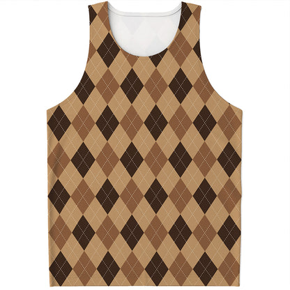 Brown Argyle Pattern Print Men's Tank Top