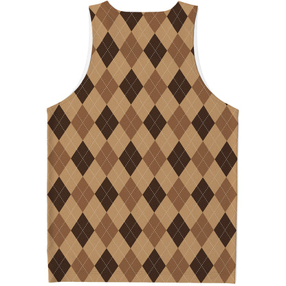 Brown Argyle Pattern Print Men's Tank Top