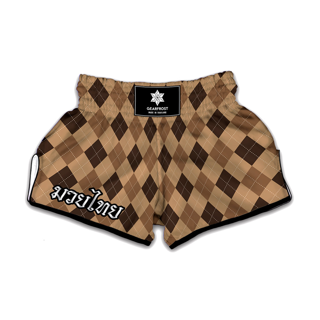 Brown Argyle Pattern Print Muay Thai Boxing Shorts