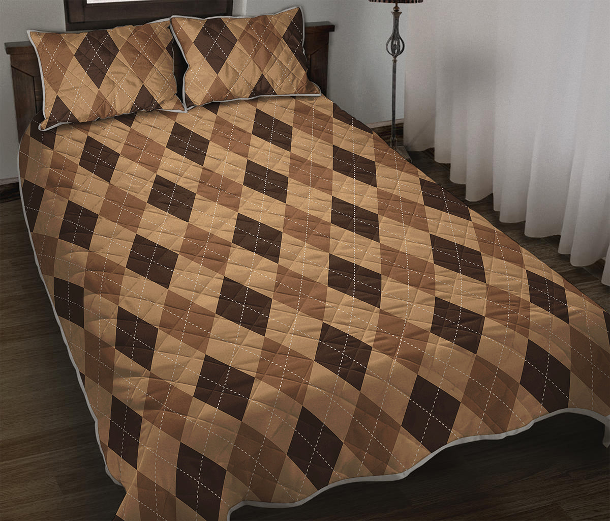 Brown Argyle Pattern Print Quilt Bed Set