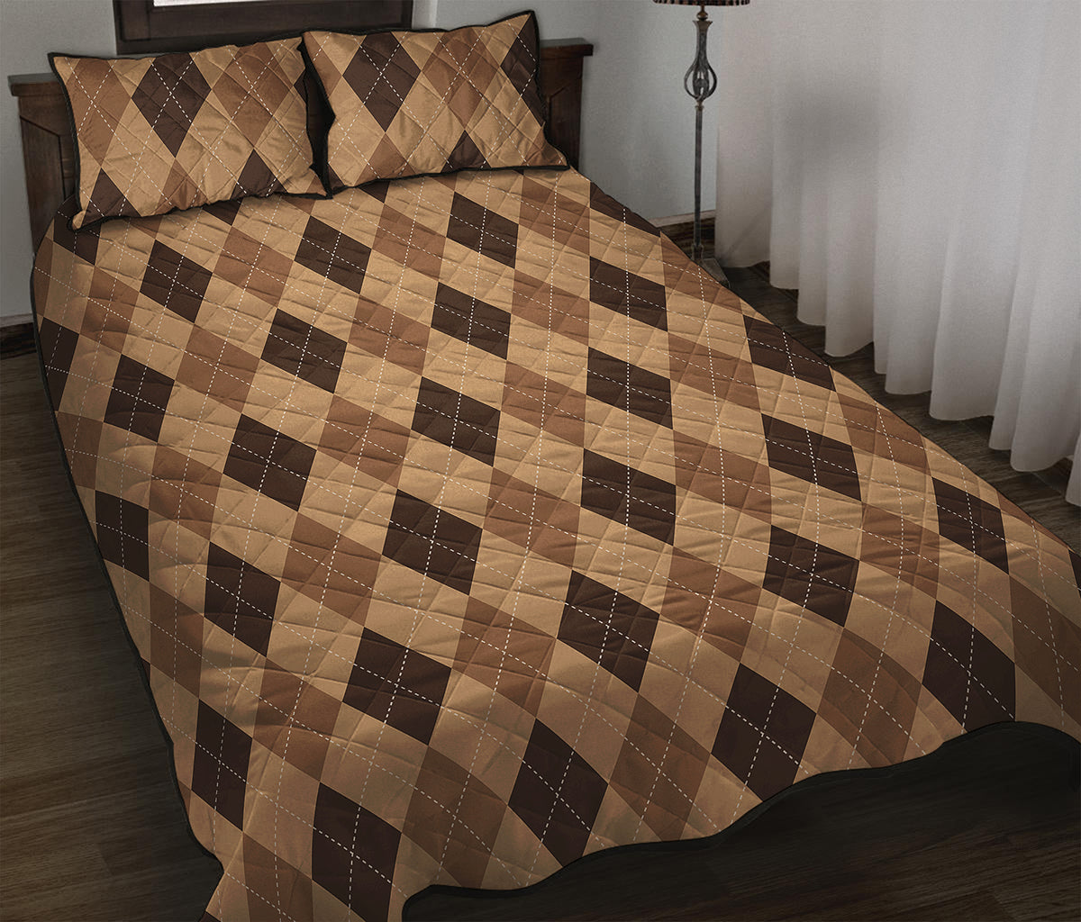 Brown Argyle Pattern Print Quilt Bed Set