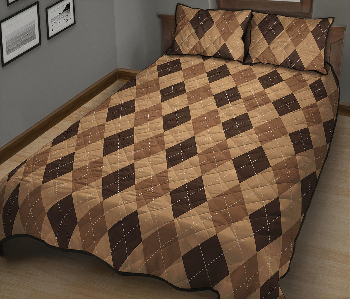 Brown Argyle Pattern Print Quilt Bed Set