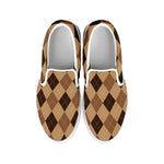 Brown Argyle Pattern Print White Slip On Shoes