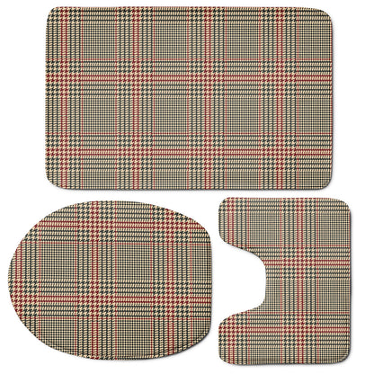 Brown Beige And Red Glen Plaid Print 3 Piece Bath Mat Set
