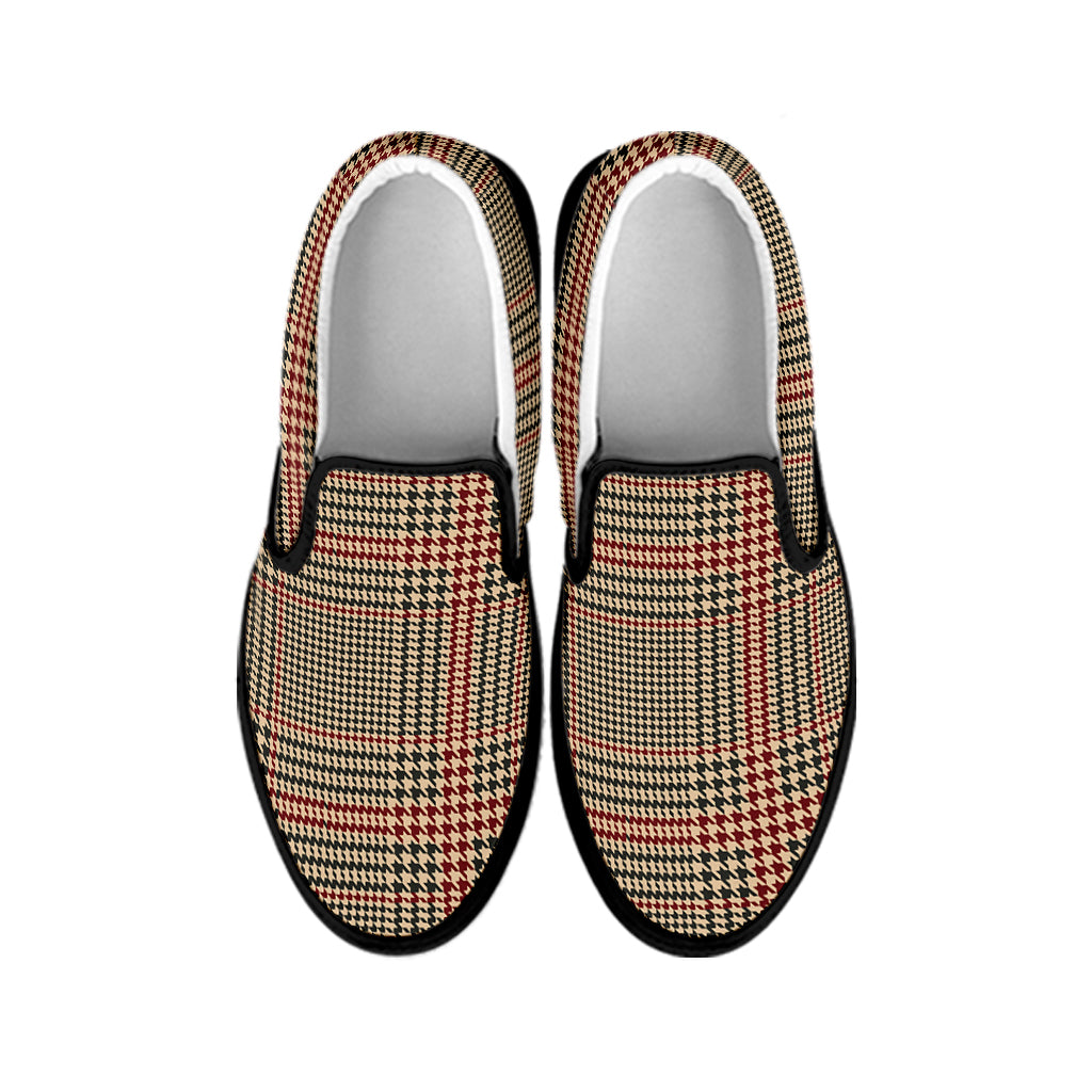 Brown Beige And Red Glen Plaid Print Black Slip On Shoes