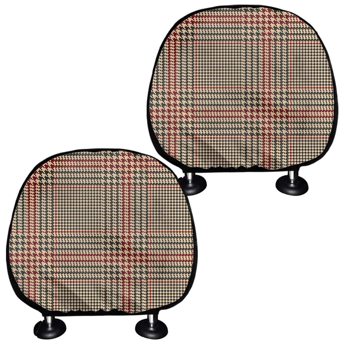Brown Beige And Red Glen Plaid Print Car Headrest Covers