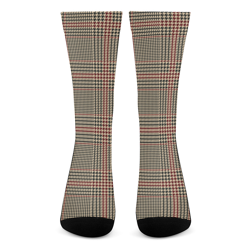 Brown Beige And Red Glen Plaid Print Crew Socks