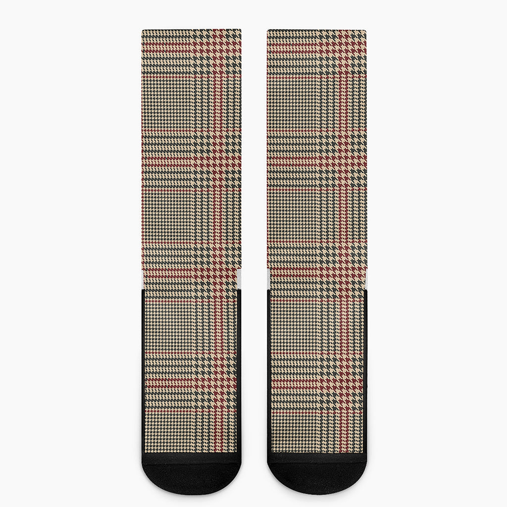 Brown Beige And Red Glen Plaid Print Crew Socks