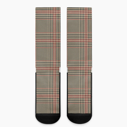 Brown Beige And Red Glen Plaid Print Crew Socks