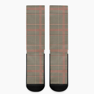 Brown Beige And Red Glen Plaid Print Crew Socks