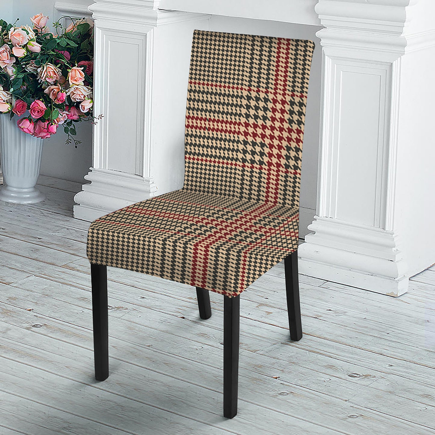 Brown Beige And Red Glen Plaid Print Dining Chair Slipcover