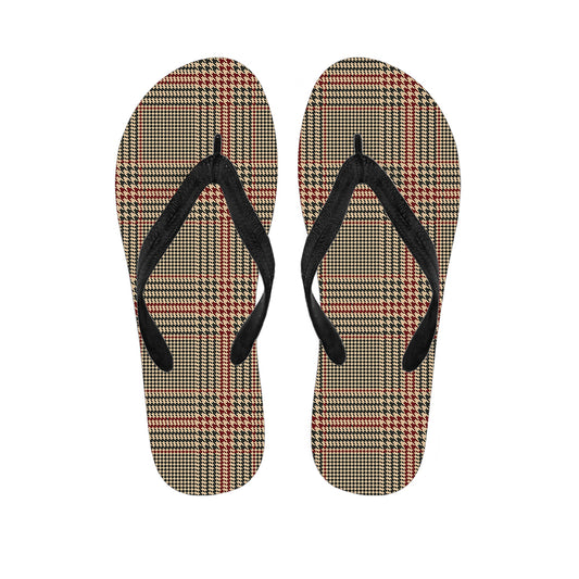 Brown Beige And Red Glen Plaid Print Flip Flops