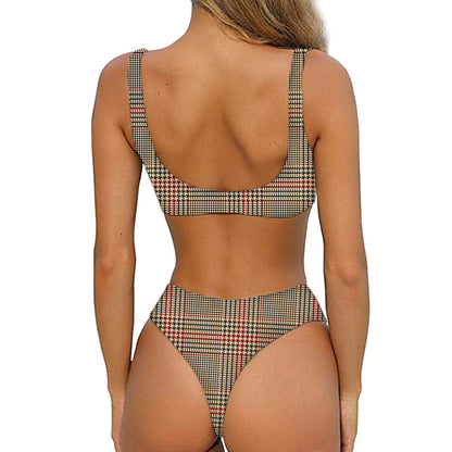 Brown Beige And Red Glen Plaid Print Front Bow Tie Bikini