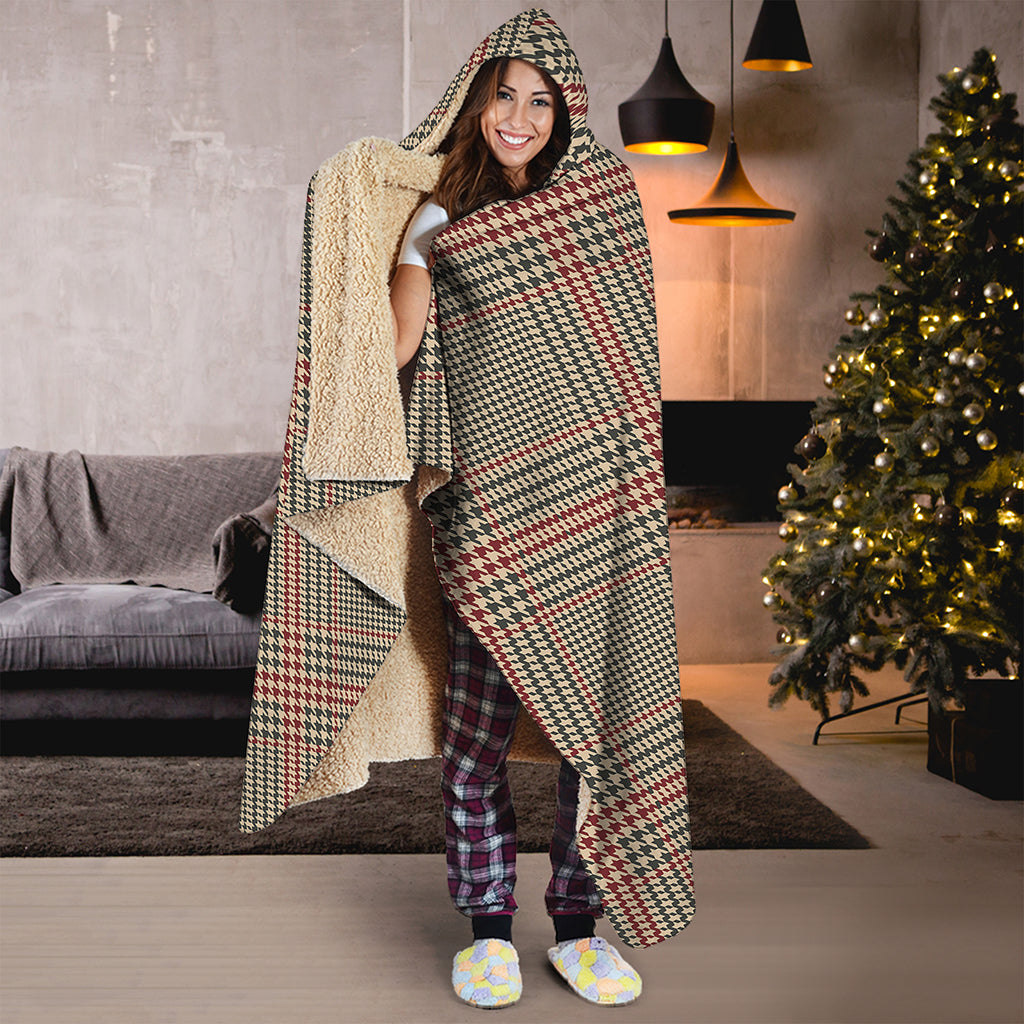 Brown Beige And Red Glen Plaid Print Hooded Blanket