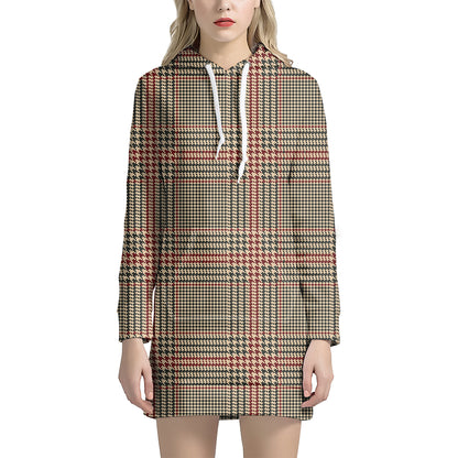 Brown Beige And Red Glen Plaid Print Hoodie Dress