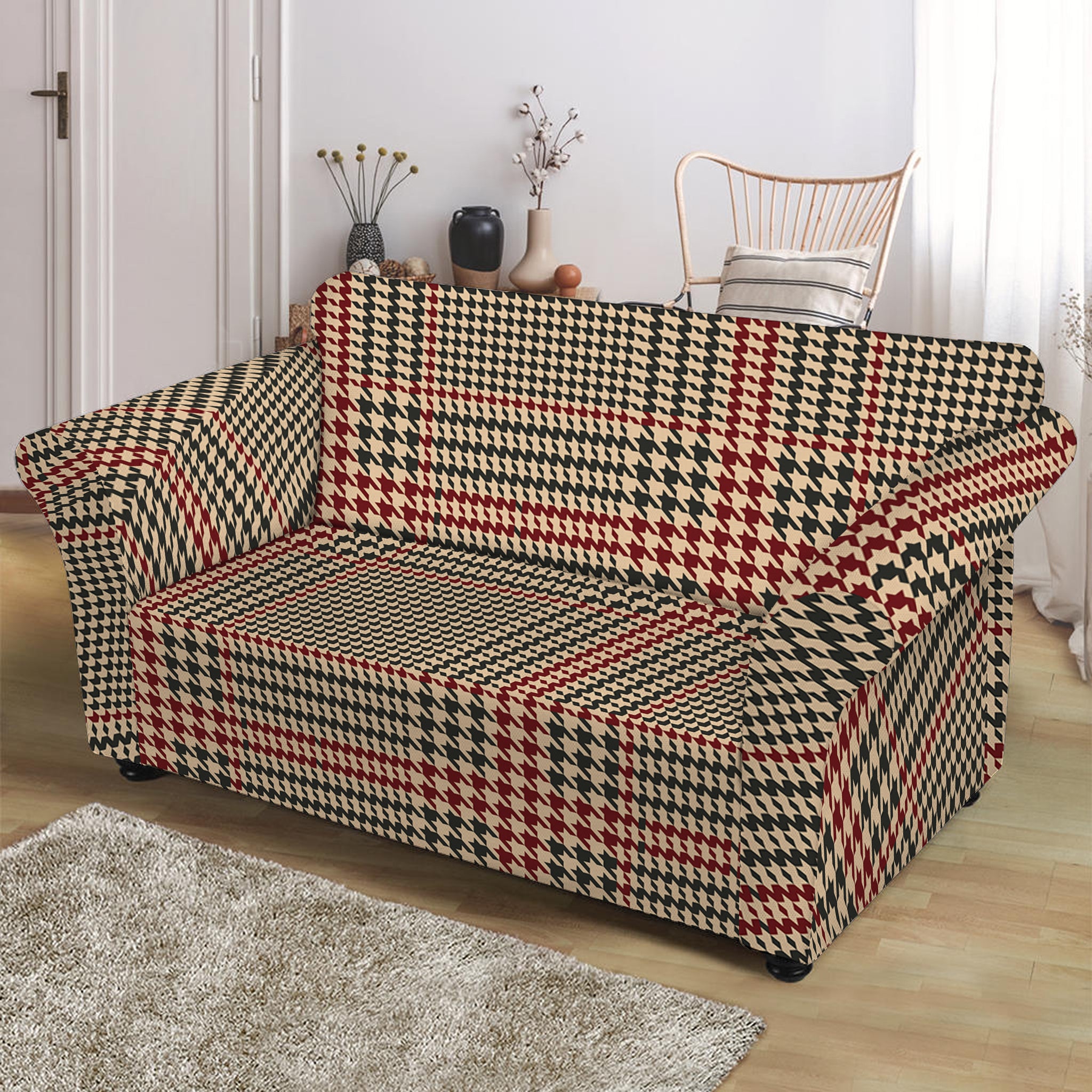 Brown Beige And Red Glen Plaid Print Loveseat Slipcover