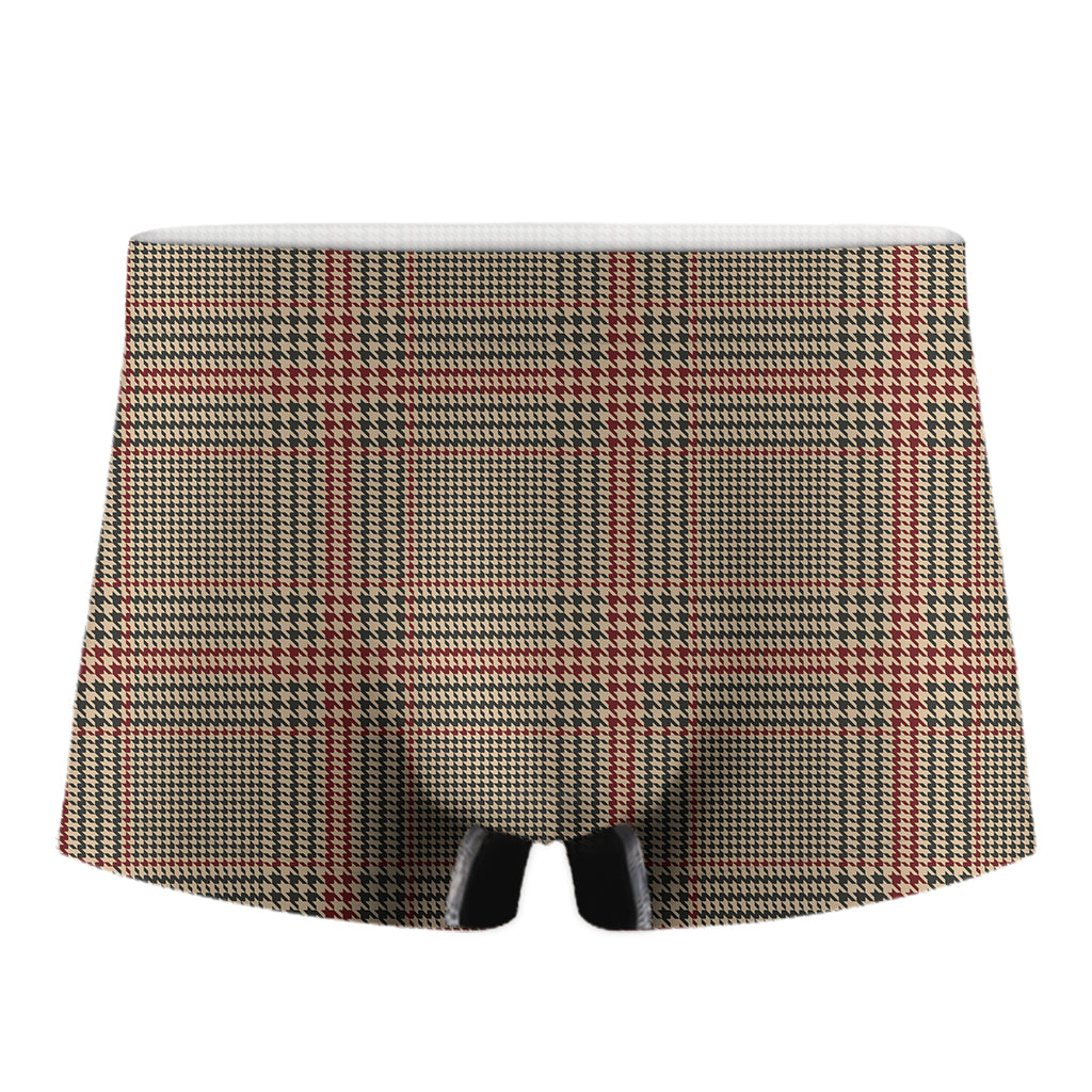 Brown Beige And Red Glen Plaid Print Men's Boxer Briefs