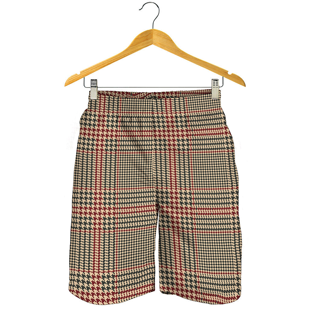 Brown Beige And Red Glen Plaid Print Men's Shorts