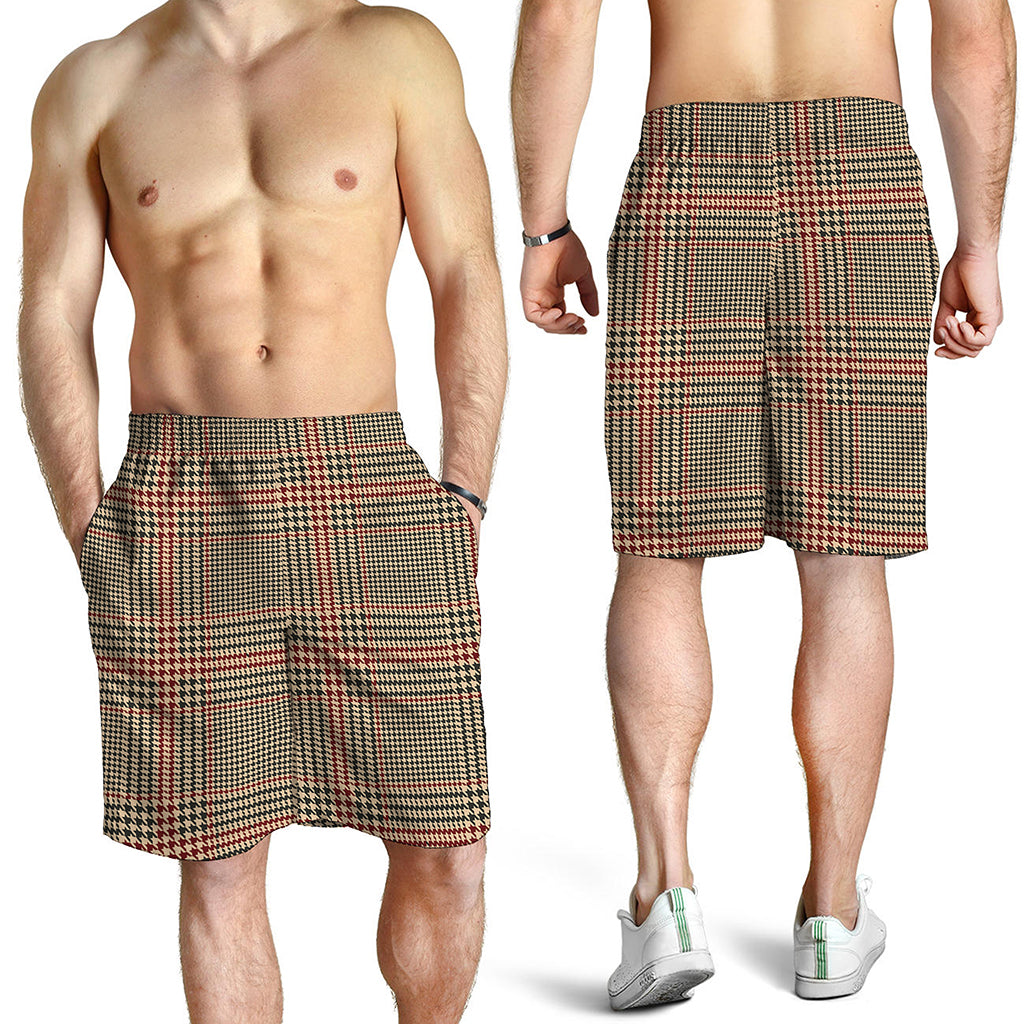 Brown Beige And Red Glen Plaid Print Men's Shorts