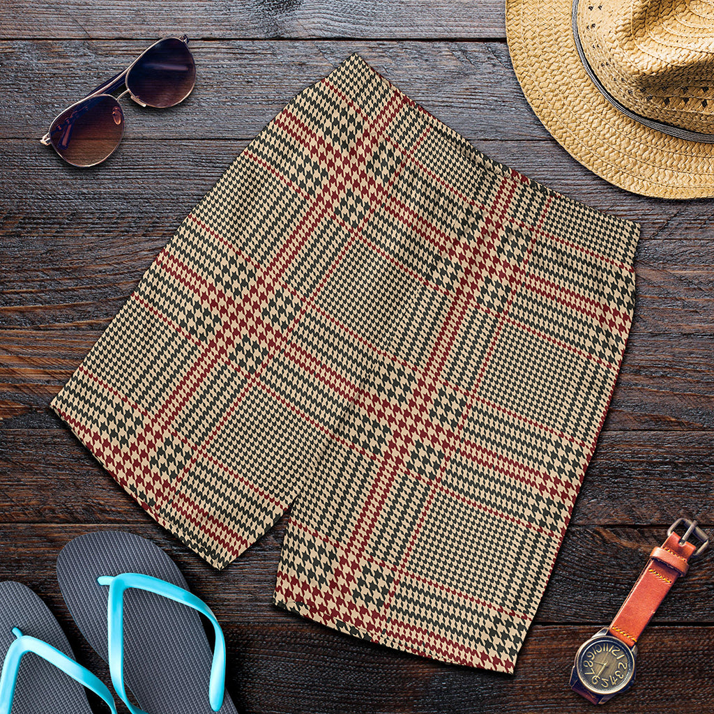 Brown Beige And Red Glen Plaid Print Men's Shorts